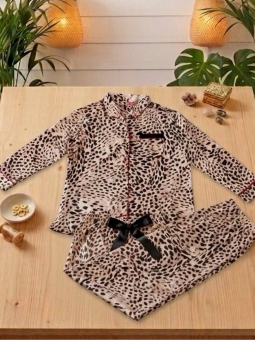 Leopard Print Pajama Set with Black Trim & Red Piping